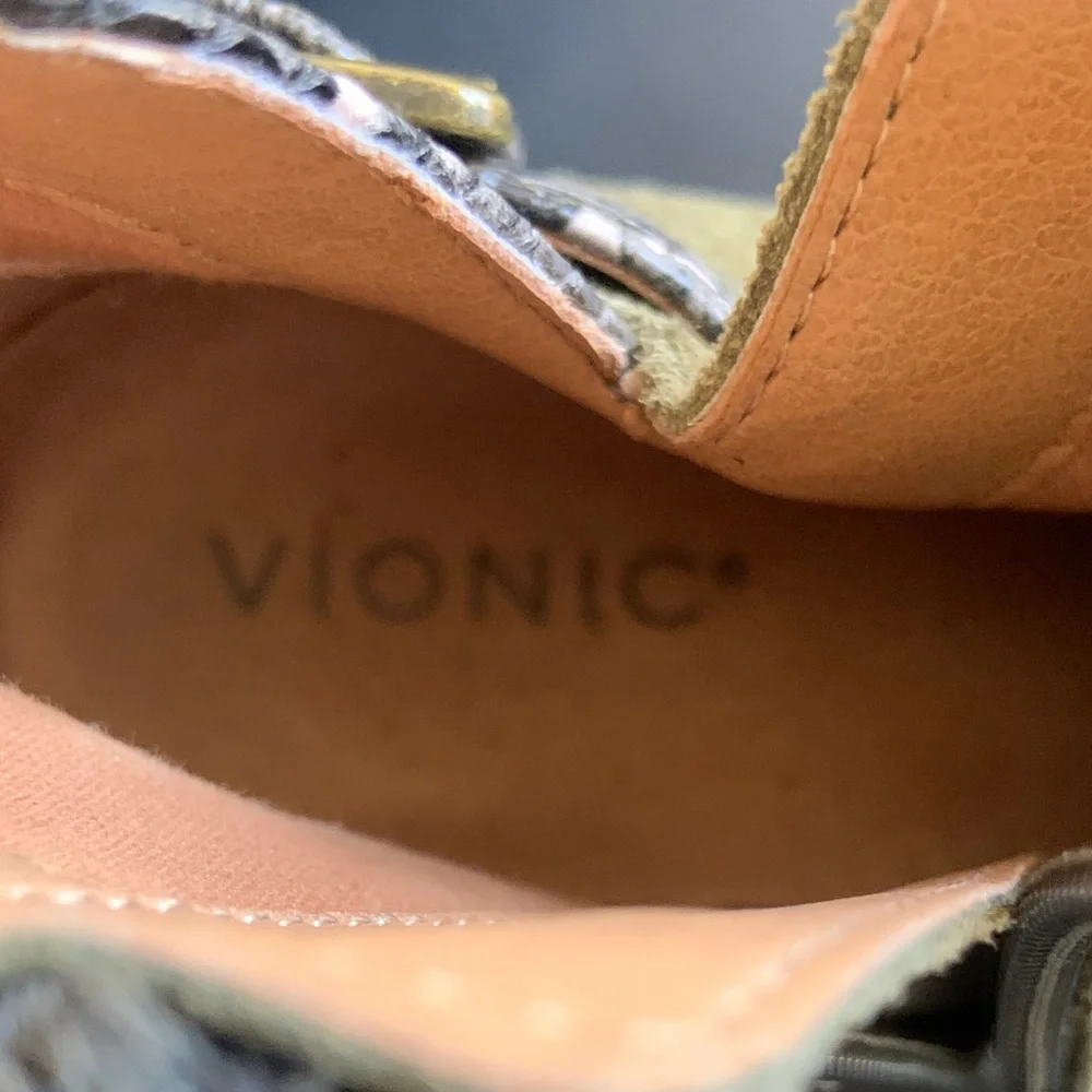 Vionic Naomi Olive Suede Snakeskin Ankle Boots Women’s Size 8.5